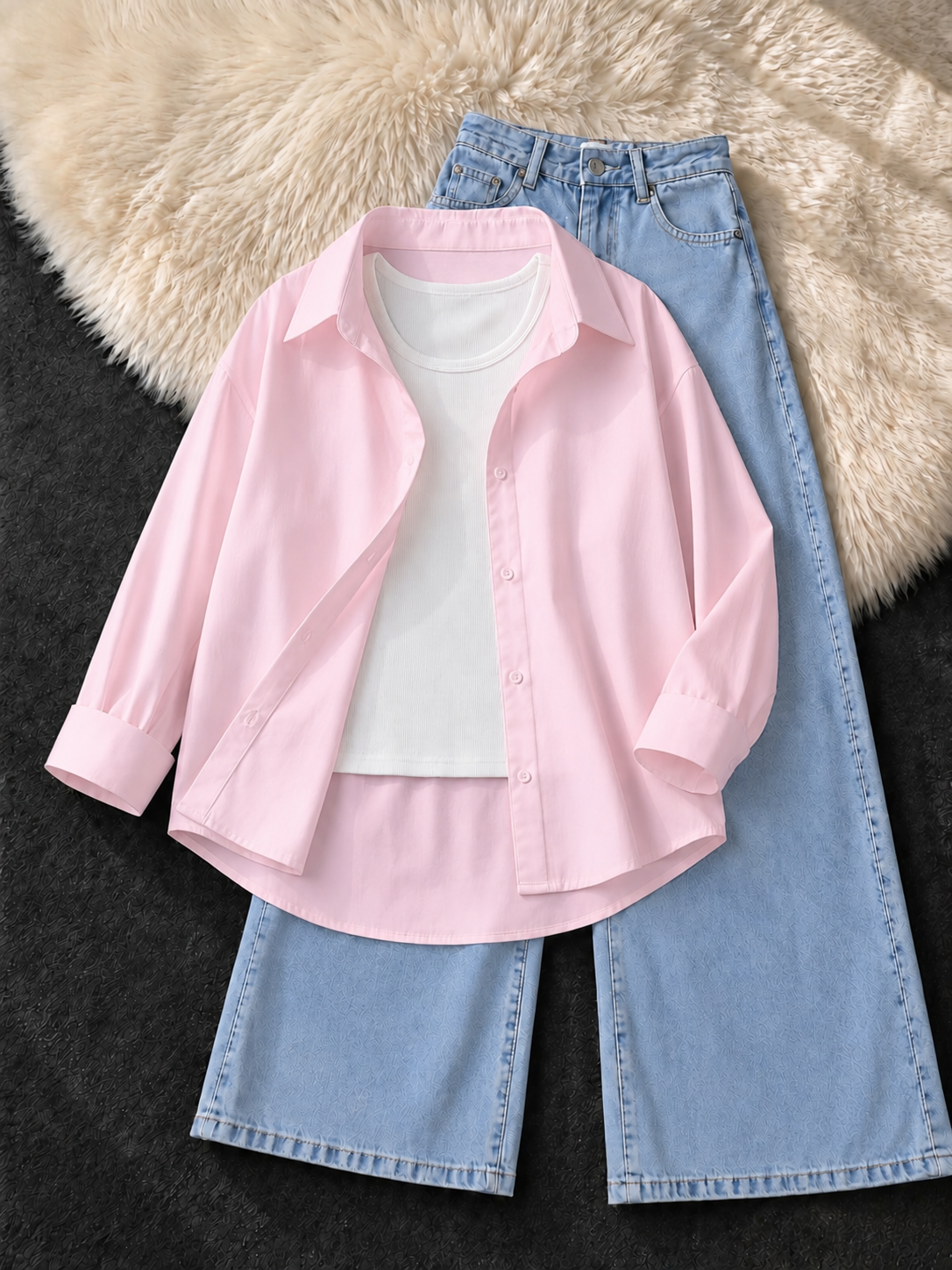 BABY PINK BUTTON DOWN SHIRT WITH WHITE TANK TOP & ICE BLUE WIDE LEG JEANS