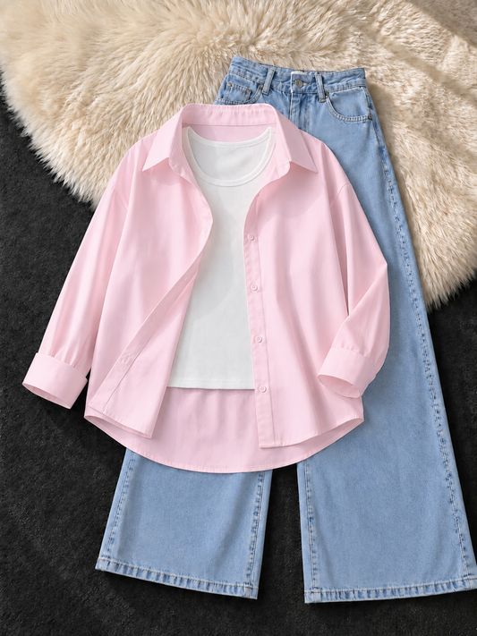 BABY PINK BUTTON DOWN SHIRT WITH WHITE TANK TOP & ICE BLUE WIDE LEG JEANS
