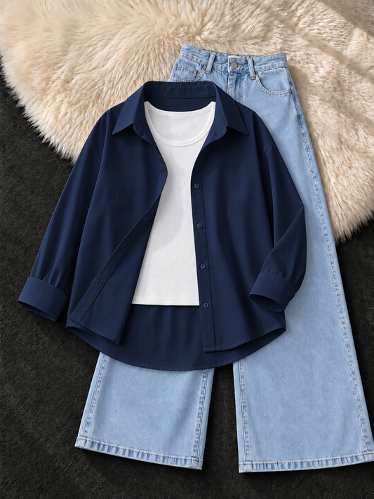 NAVY BLUE BUTTON DOWN SHIRT WITH WHITE TANK TOP & ICE BLUE WIDE LEG JEANS