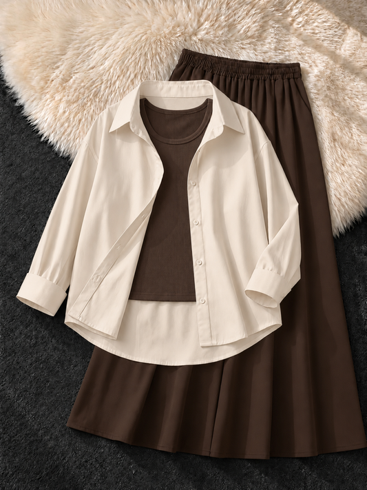 BEIGE BUTTON DOWN SHIRT , BROWN  TANK TOP & BROWN FLOWY MAXI SKIRT