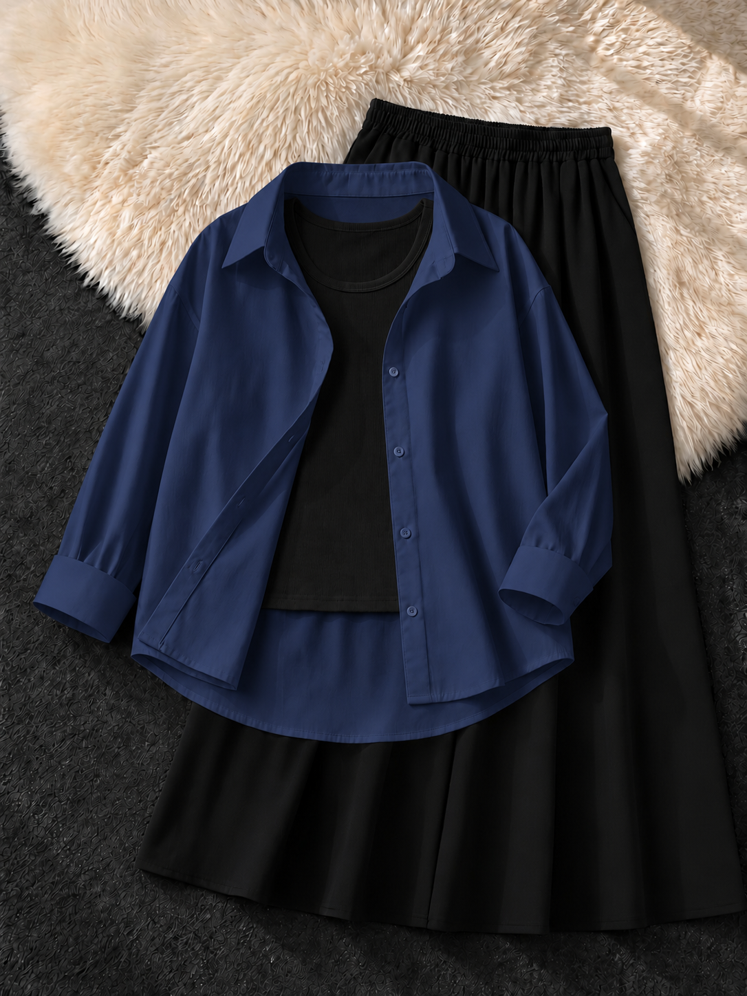 NAVY BLUE BUTTON DOWN SHIRT , BLACK TANK TOP & BLACK FLOWY MAXI SKIRT