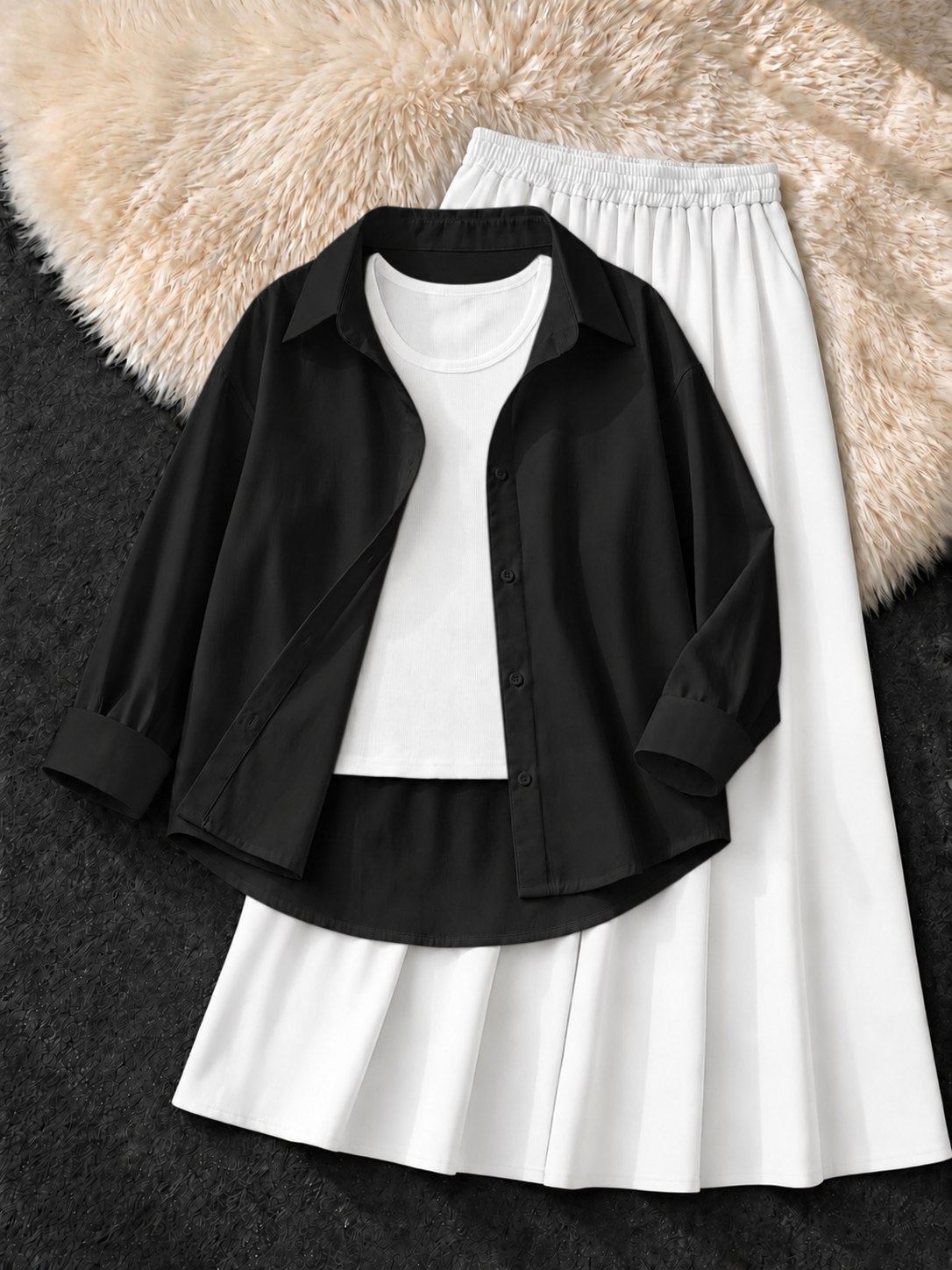 BLACK BUTTON DOWN SHIRT , WHITE TANK TOP & WHITE FLOWY MAXI SKIRT