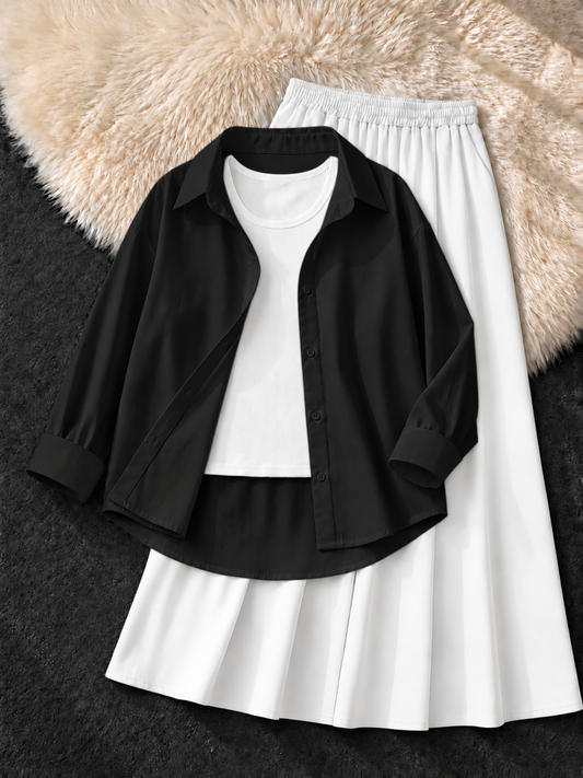 BLACK BUTTON DOWN SHIRT , WHITE TANK TOP & WHITE FLOWY MAXI SKIRT