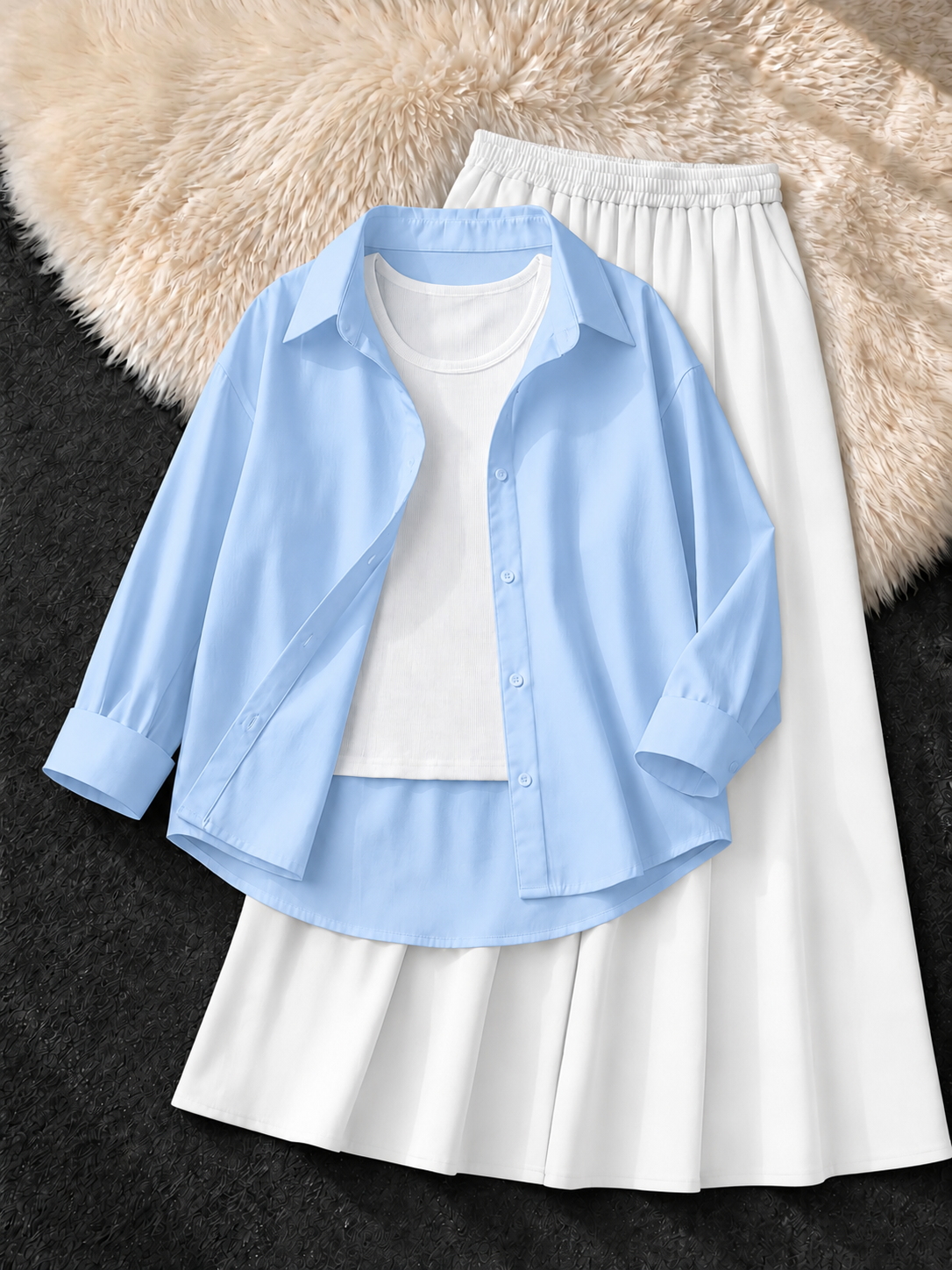 SKY BLUE BUTTON DOWN SHIRT , WHITE TANK TOP & WHITE FLOWY MAXI SKIRT