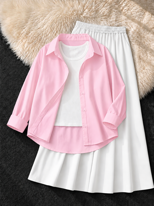 BABY PINK BUTTON DOWN SHIRT , WHITE TANK TOP & WHITE FLOWY MAXI SKIRT
