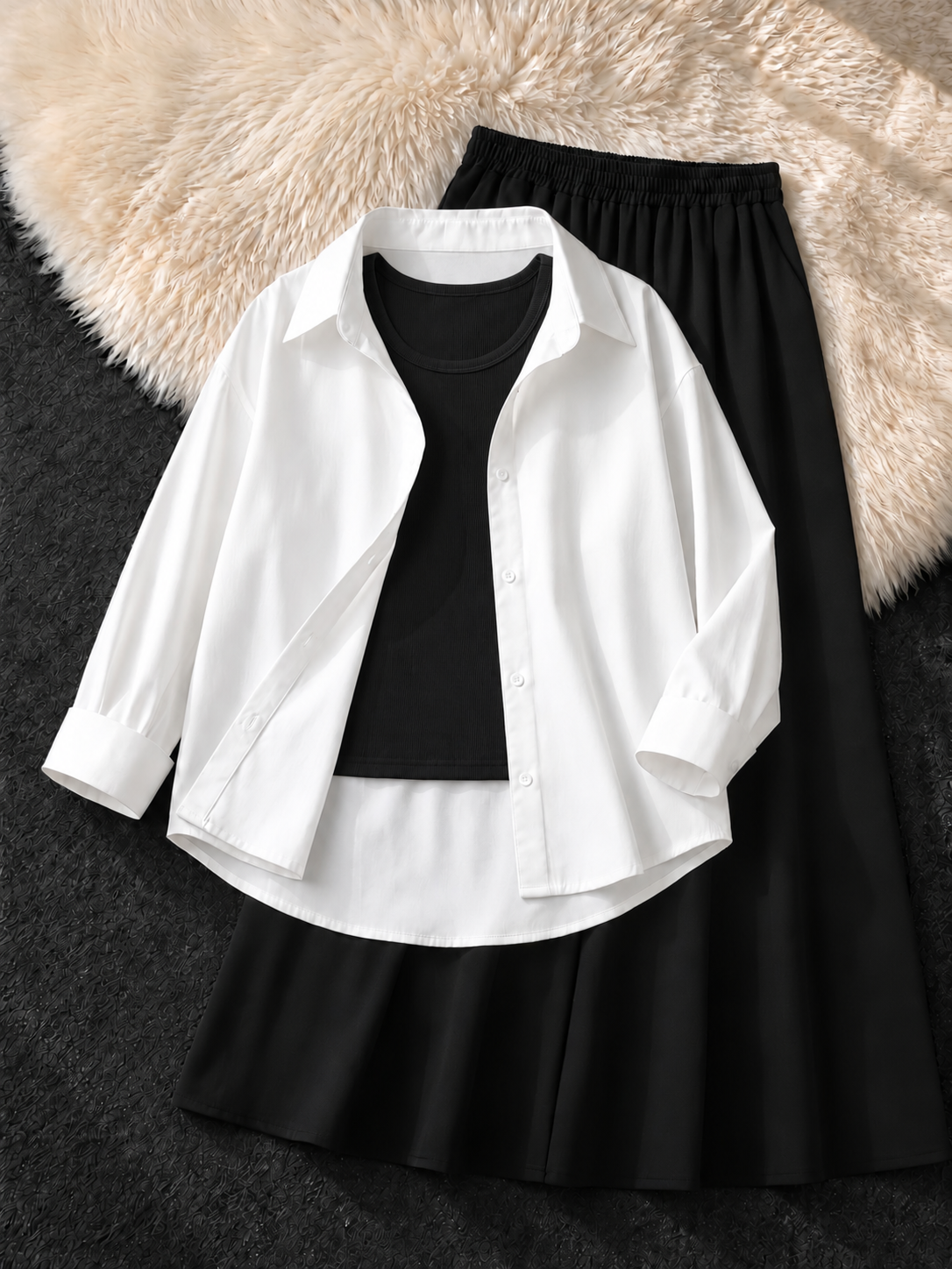 WHITE BUTTON DOWN SHIRT , BLACK TANK TOP & BLACK FLOWY MAXI SKIRT
