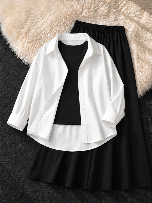 WHITE BUTTON DOWN SHIRT , BLACK TANK TOP & BLACK FLOWY MAXI SKIRT