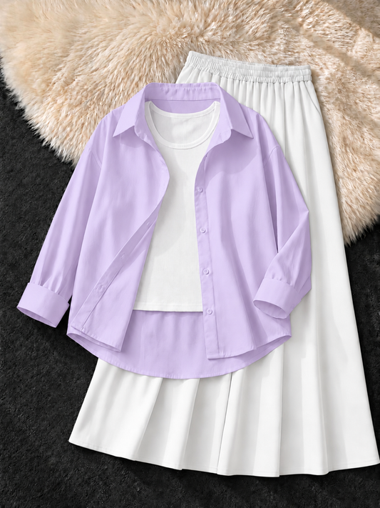 LILAC BUTTON DOWN SHIRT , WHITE TANK TOP & WHITE FLOWY MAXI SKIRT