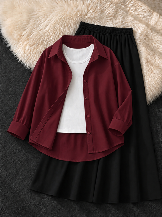 MAROON BUTTON DOWN SHIRT , WHITE TANK TOP & BLACK FLOWY MAXI SKIRT