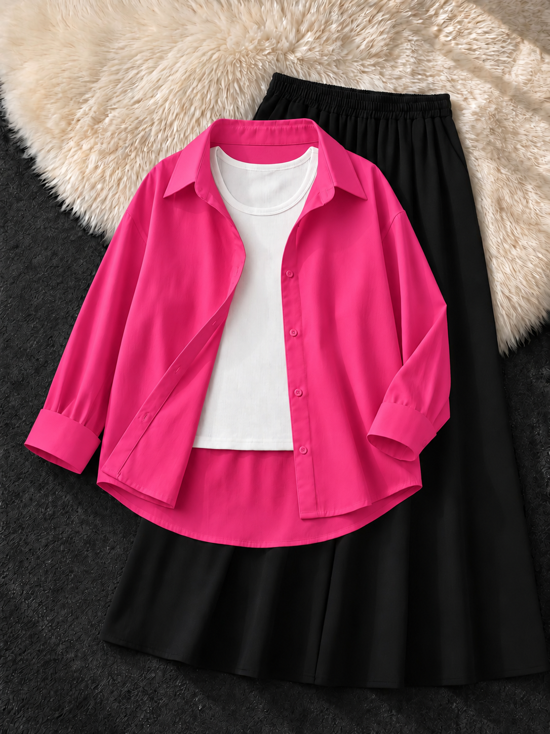 HOT PINK BUTTON DOWN SHIRT , WHITE TANK TOP & BLACK FLOWY MAXI SKIRT