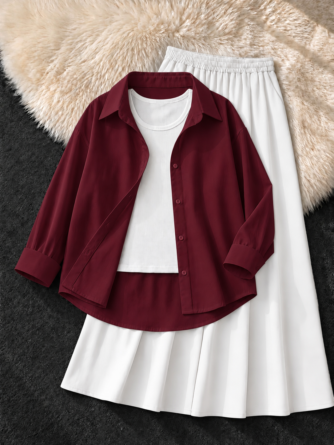 MAROON BUTTON DOWN SHIRT , WHITE TANK TOP & WHITE FLOWY MAXI SKIRT