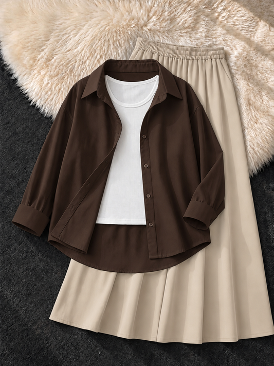 BROWN BUTTON DOWN SHIRT , WHITE TANK TOP & BEIGE FLOWY MAXI SKIRT
