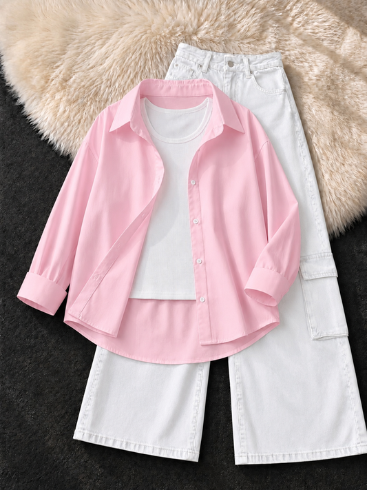 BABY PINK BUTTON DOWN SHIRT , WHITE TANK TOP WITH WHITE  CARGO JEANS