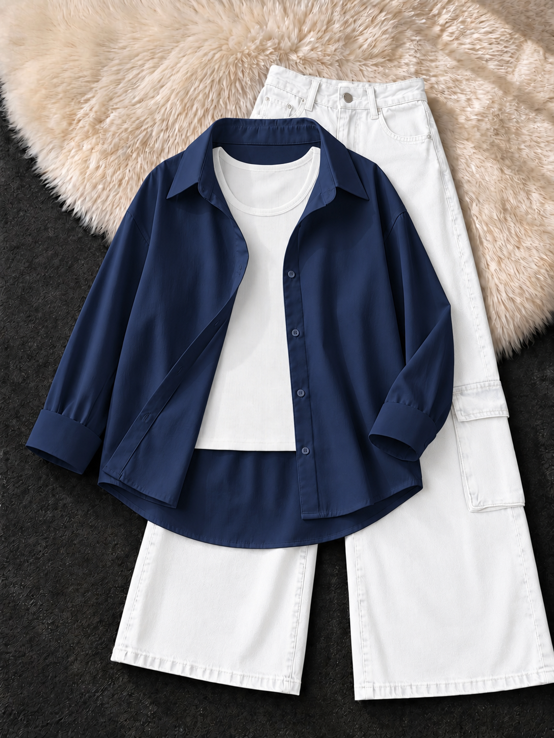 NAVY BLUE BUTTON DOWN SHIRT , WHITE TANK TOP WITH WHITE  CARGO JEANS