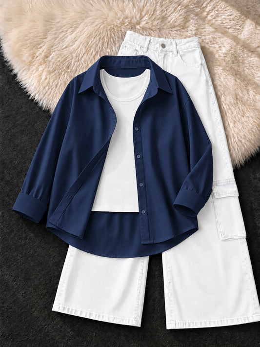NAVY BLUE BUTTON DOWN SHIRT , WHITE TANK TOP WITH WHITE  CARGO JEANS