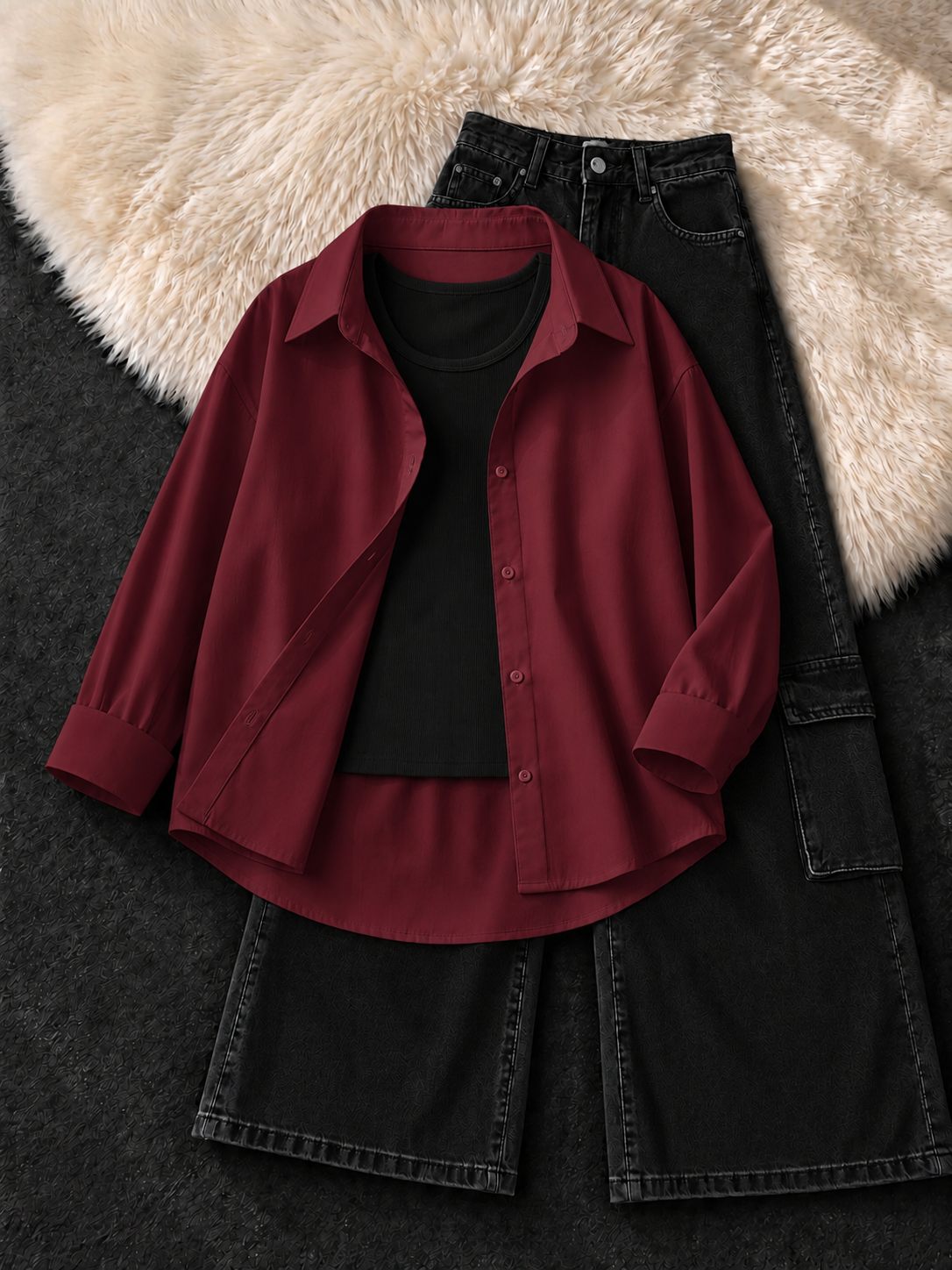 MAROON BUTTON DOWN SHIRT , BLACK TANK TOP WITH BLACK CARGO JEANS