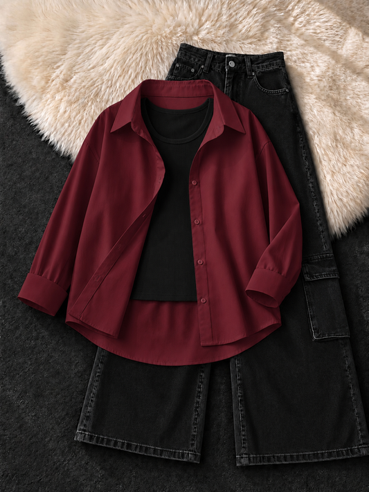 MAROON BUTTON DOWN SHIRT , BLACK TANK TOP WITH BLACK CARGO JEANS