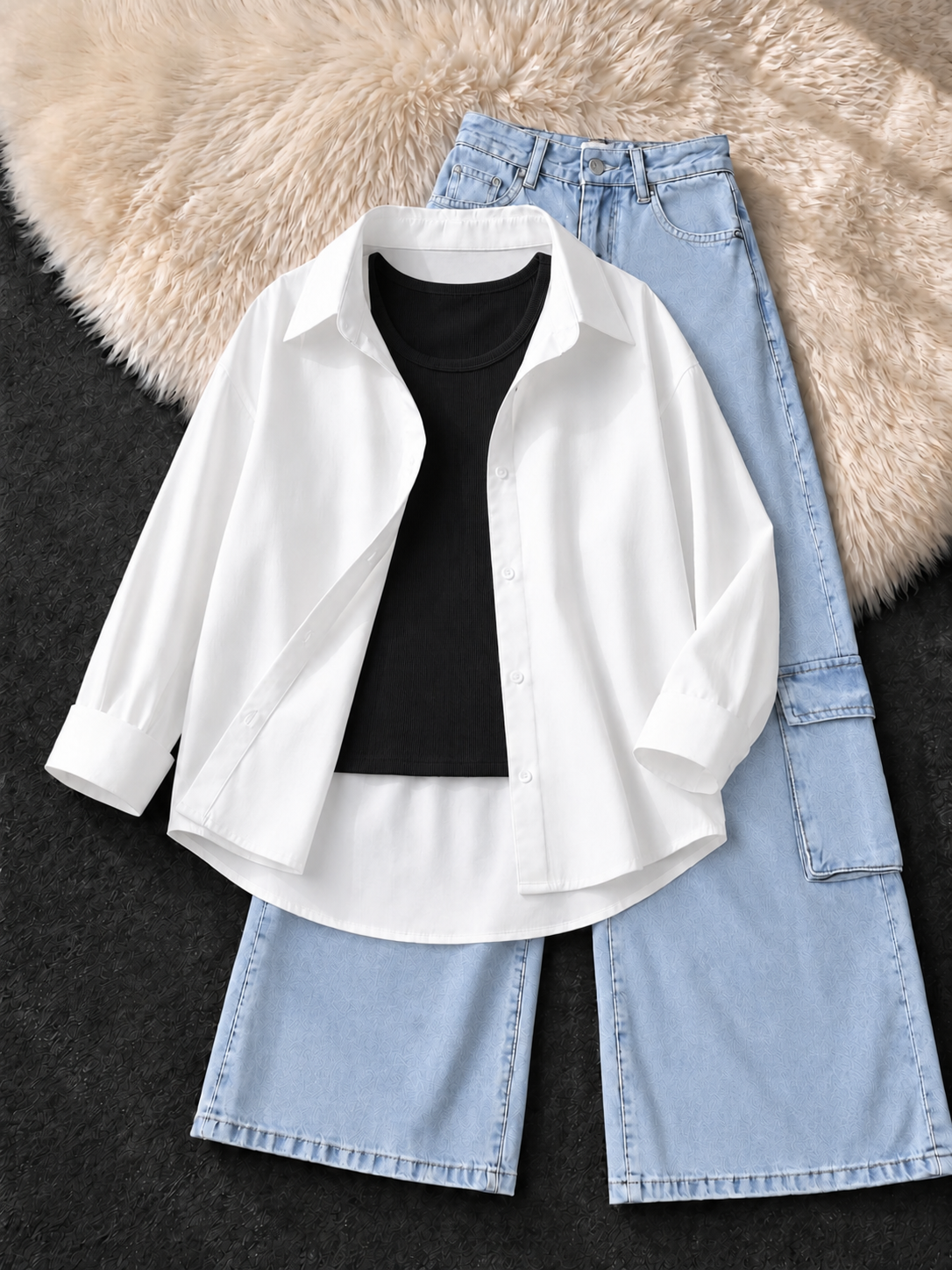 WHITE BUTTON DOWN SHIRT , BLACK TANK TOP WITH ICE BLUE CARGO JEANS