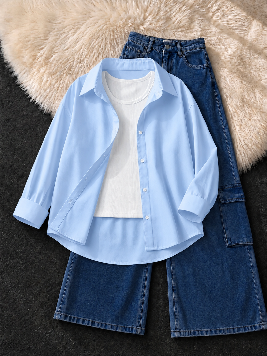 SKY BLUE BUTTON DOWN SHIRT , WHITE TANK TOP WITH DARK BLUE CARGO JEANS