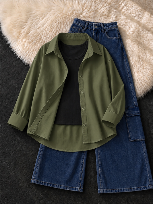 OLIVE GREEN BUTTON DOWN SHIRT , BLACK TANK TOP WITH DARK BLUE CARGO JEANS