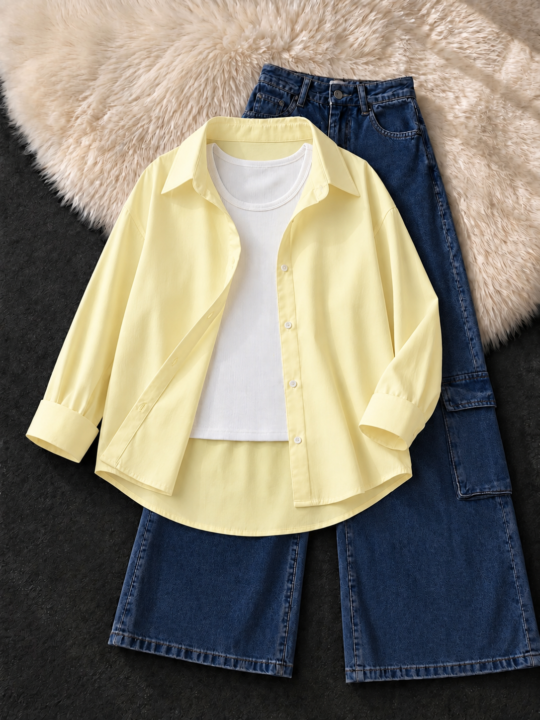 LEMON YELLOW BUTTON DOWN SHIRT , WHITE TANK TOP WITH DARK BLUE CARGO JEANS