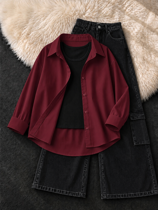 MAROON BUTTON DOWN SHIRT , BLACK TANK TOP WITH BLACK CARGO JEANS