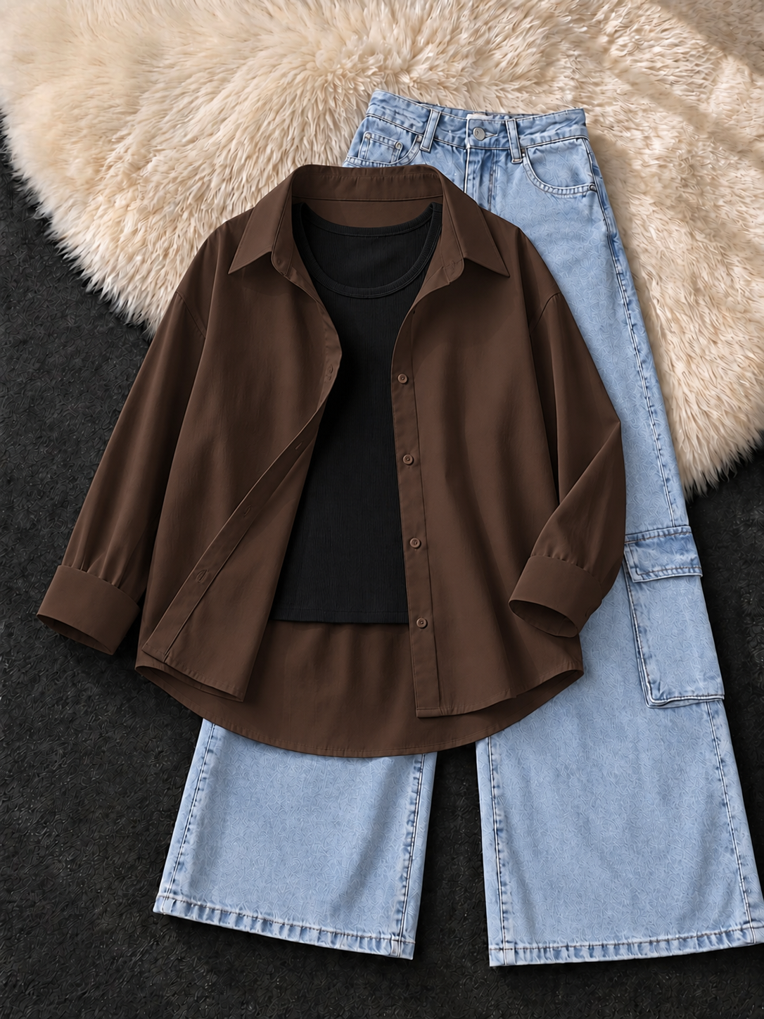 BROWN BUTTON DOWN SHIRT , BLACK TANK TOP WITH ICE BLUE CARGO JEANS
