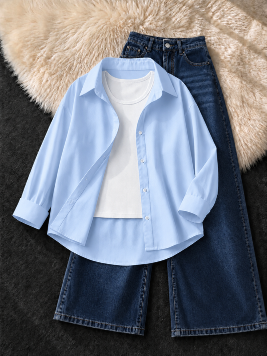 SKY BLUE BUTTON DOWN SHIRT , WHITE TANK TOP WITH FADED DARK BLUE VINTAGE WIDE LEG JEANS
