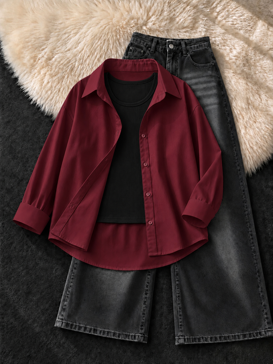 MAROON BUTTON DOWN SHIRT , BLACK TANK TOP WITH FADED BLACK VINTAGE WIDE LEG JEANS