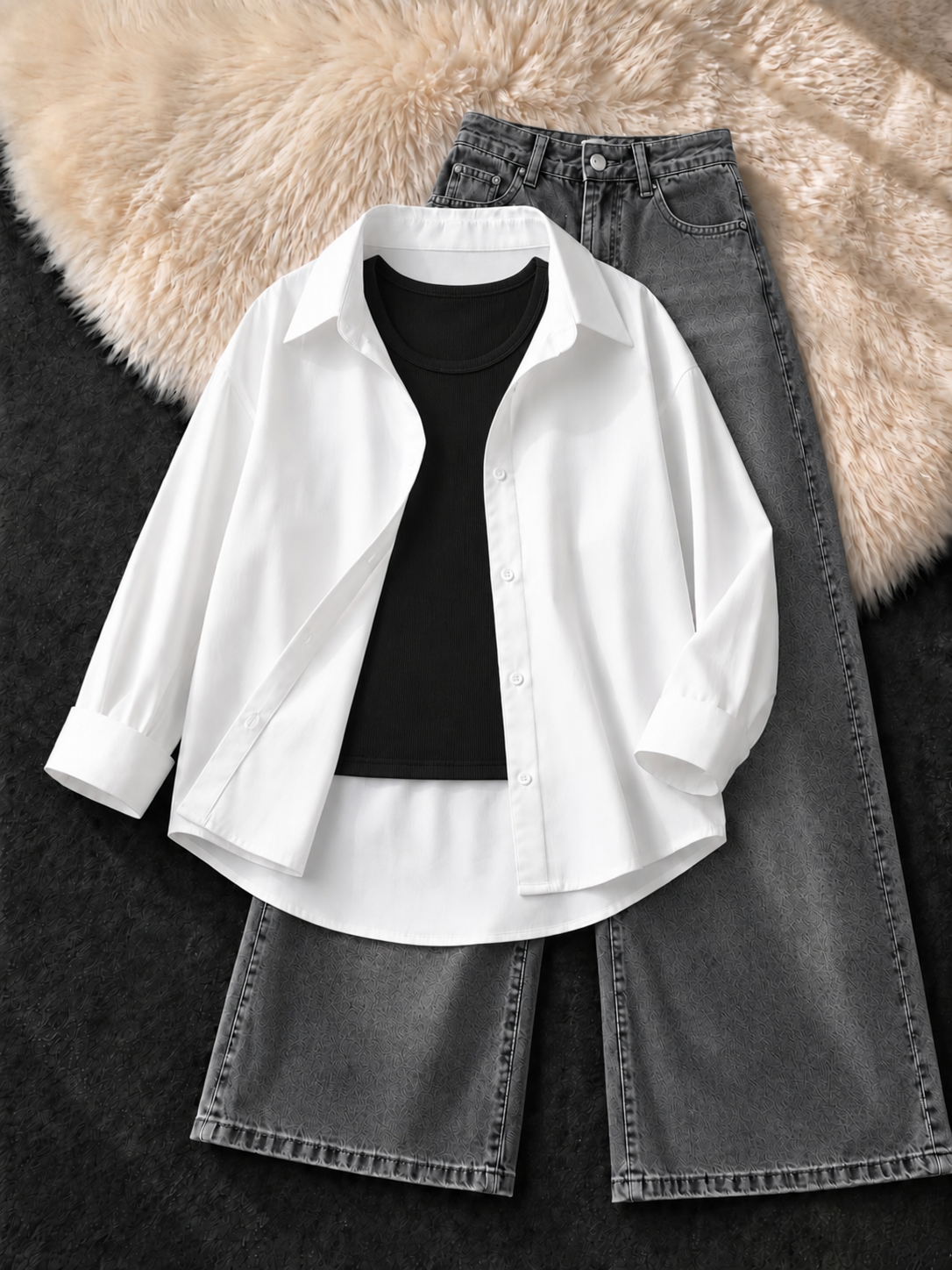 WHITE BUTTON DOWN SHIRT , BLACK TANK TOP WITH FADED GREY VINTAGE WIDE LEG JEANS