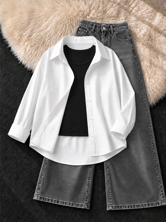 WHITE BUTTON DOWN SHIRT , BLACK TANK TOP WITH FADED GREY VINTAGE WIDE LEG JEANS