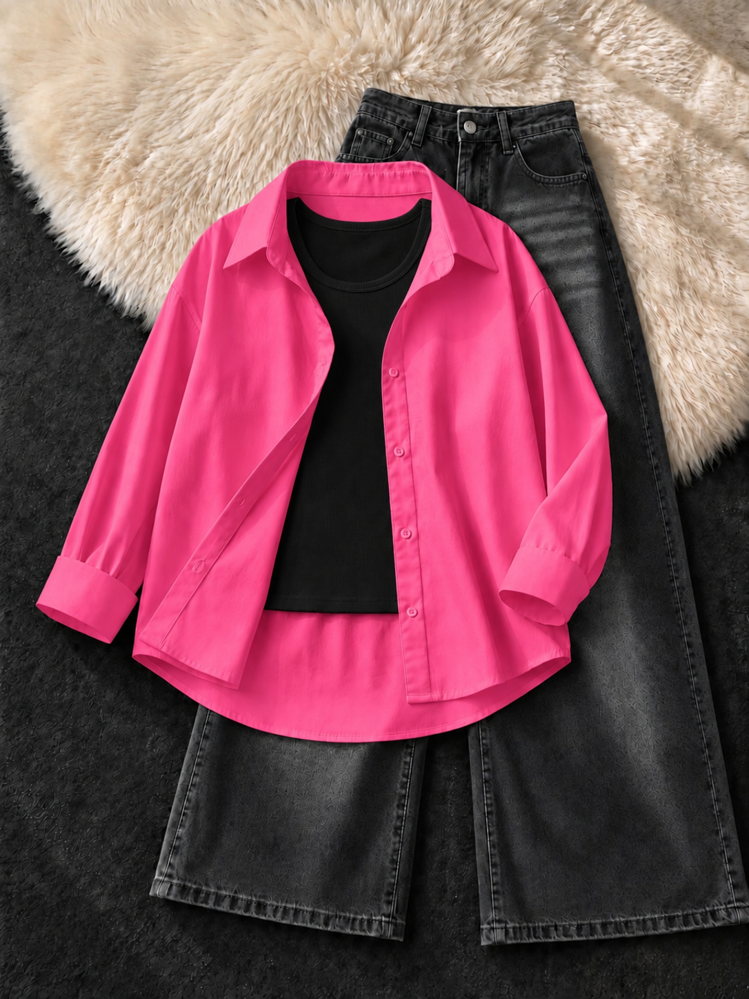 HOT PINK BUTTON DOWN SHIRT , BLACK TANK TOP WITH FADED BLACK VINTAGE WIDE LEG JEANS