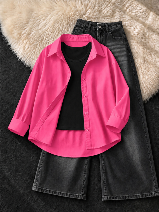 HOT PINK BUTTON DOWN SHIRT , BLACK TANK TOP WITH FADED BLACK VINTAGE WIDE LEG JEANS