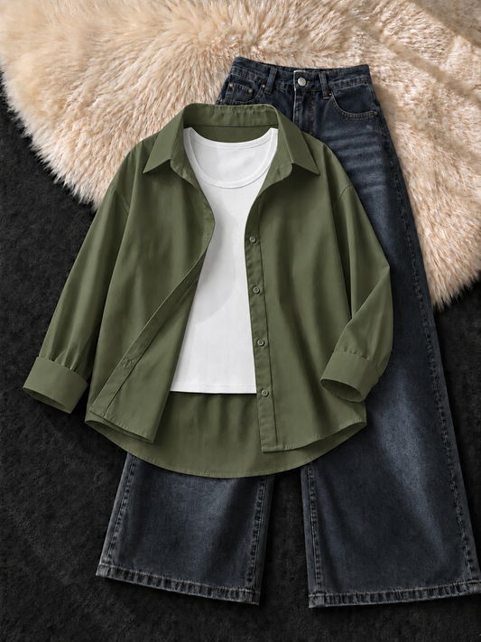 OLIVE GREEN BUTTON DOWN SHIRT , BLACK TANK TOP WITH FADED BLACK VINTAGE WIDE LEG JEANS