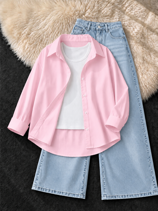 BABY PINK BUTTON DOWN SHIRT , WHITE TANK TOP WITH FADED ICE BLUE VINTAGE WIDE LEG JEANS