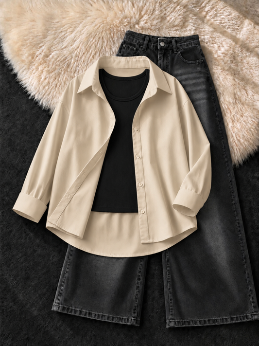 BEIGE BUTTON DOWN SHIRT , BLACK TANK TOP WITH FADED BLACK VINTAGE WIDE LEG JEANS