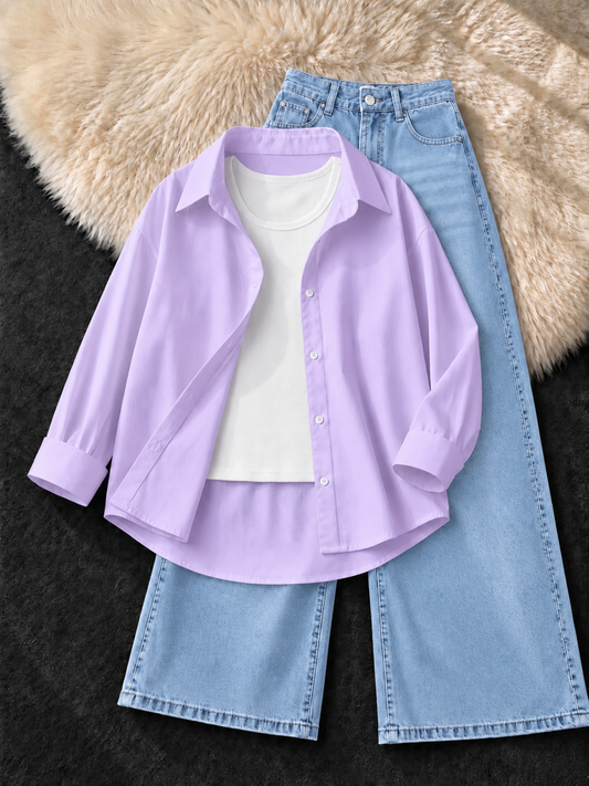 LILAC BUTTON DOWN SHIRT , WHITE TANK TOP WITH FADED ICE BLUE VINTAGE WIDE LEG JEANS