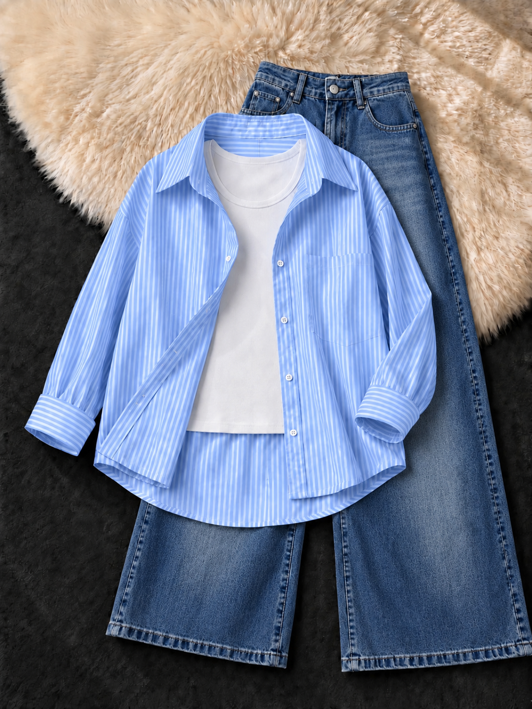 STRIPED SKY BLUE BUTTON DOWN SHIRT , WHITE TANK TOP WITH FADED MID BLUE VINTAGE WIDE LEG JEANS