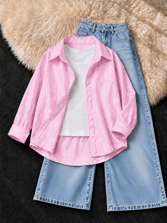 STRIPED BABY PINK BUTTON DOWN SHIRT , WHITE TANK TOP WITH FADED ICE BLUE VINTAGE WIDE LEG JEANS